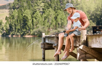 Father, lake and teaching child fishing with rod together for fun bonding, activity or lesson in nature. Happy dad, kid or son relaxing by water or river for learning hobby, catch or fish outdoors