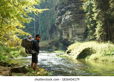Father with little son in touristic backpack looking at beautiful view in the mountains, Czech Switzerland,                 