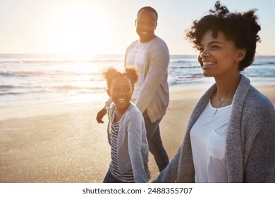 Father, mom and girl by ocean, holding hands with mockup space for bonding, smile and people in sunshine. Dad, mother and daughter with care, connection or love at beach, sunset and walk on vacation - Powered by Shutterstock