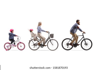 Father, mother and two girls riding a bicycle with a child seat isolated on white background - Shutterstock ID 1581870193