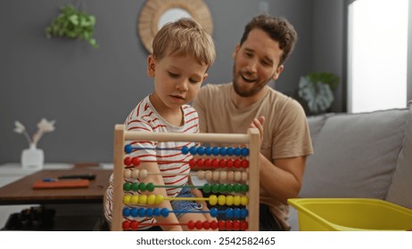 Father playing with son in living room using colorful abacus, showcasing family love and childhood learning indoors, man encouraging child at home - Powered by Shutterstock