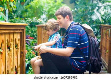 Father And Preschool Kid Boy Discovering Flowers, Plants And Butterflies At Botanic Garden. Family, Young Man And Son Interested In Biology. Active Educational Leisure With Preschool Child In Museum