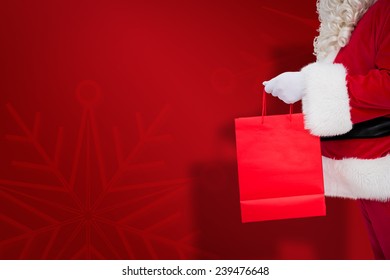 Father Santa Holding A Shopping Bag Against Red Snowflake Background