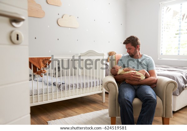 Father Sitting Nursery Chair Holds Sleeping Stock Photo Edit Now 624519581