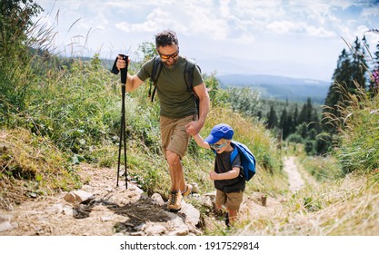 Father with small son hiking outdoors in summer nature, walking.
