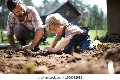 Father with small son working outdoors in garden, sustainable lifestyle concept. - Powered by Shutterstock