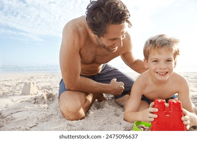 Father, smile or son in portrait with bucket for sand castle on beach, vacation in nature. Male person, boy or holiday with plastic container by ocean for learning or development, travel in Mauritius - Powered by Shutterstock