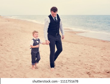 father and son matching beach wedding outfits