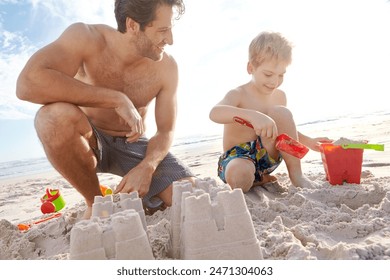 Father, son or building with sand castle and smile on beach for vacation, sunshine in nature. Male person, boy child or holiday with bucket by sea for learning and development, travel in Mauritius - Powered by Shutterstock