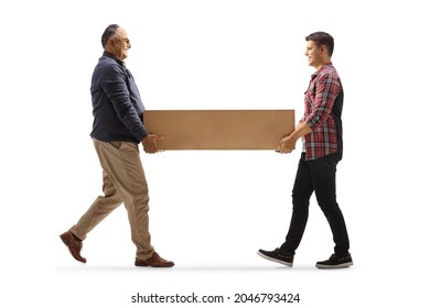 Father and son carrying a cardboard box isolated on white background - Powered by Shutterstock