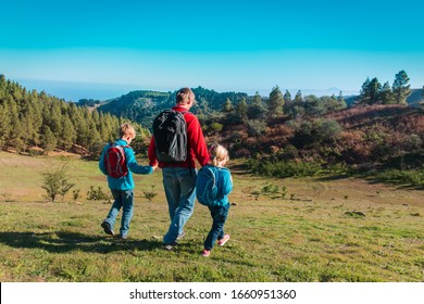 Father With Son And Daughter Travel In Nature, Family In Gran Canaria, Spain