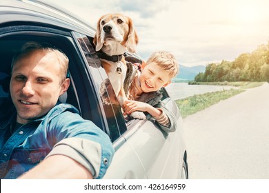 Father with son and dog look from the car window