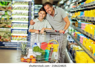 Father Son Doing Grocery Shopping Supermarket Stock Photo 2186224825 