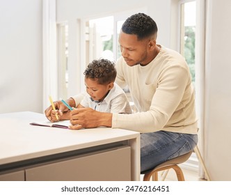 Father, son and drawing in book for learning in home, support and creative color in education. Daddy, boy and kindergarten student for knowledge, child development and homework or project for school - Powered by Shutterstock