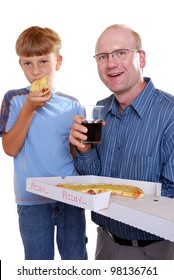 Father And Son Eating Pizza And Drinking Coke