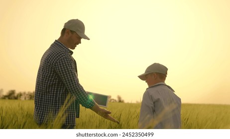 Father son handshake, Dad child walk together on wheat plantation in summer. Family business, farmers. Happy family, Farmer father works with tablet in green wheat field with his little son. Dad, son - Powered by Shutterstock