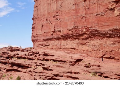 Father And Son Hiking On Fisher Towers Trail. Family On Summer Vacation Trip. Moab, Utah, USA. High Quality Photo