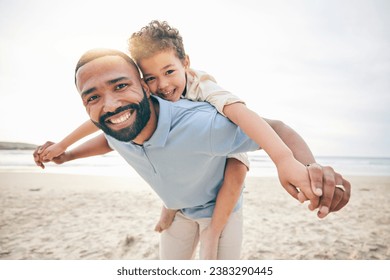 Father, son and piggyback, beach and portrait with love and bonding, travel and ocean with holiday, fun and happiness. Playful, smile and trust, man and boy together with vacation and sea adventure - Powered by Shutterstock