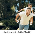 Father, son and piggyback fun in outdoor, adventure and play in nature for bonding or energy. Daddy, boy and plane game or flying together in backyard, family and carrying kid for happiness in park