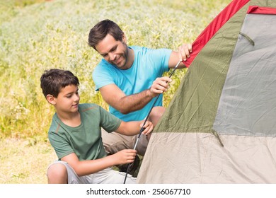 Father and son pitching their tent on a sunny day - Powered by Shutterstock