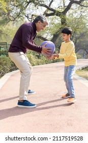 Father and son playing with ball at park
