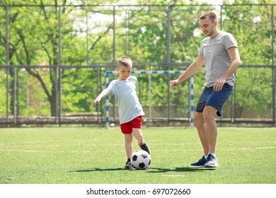 Dad Son Playing Football Together Stadium Stock Photo 682210669 ...