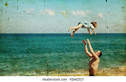 father and son playing together on the beach.  Photo in old image style.