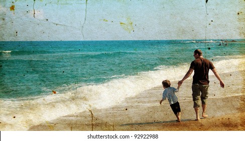father and son playing together on the beach. Photo in old image style. - Shutterstock ID 92922988