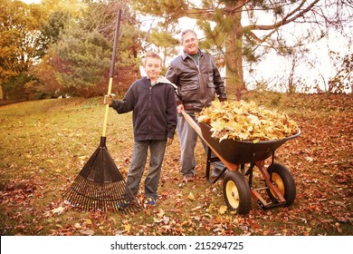 Father And Son Raking Leaves 