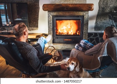 Father with son sitting in comfortable armchairs in their cozy country house near fireplace and enjoying a warm atmosphere and flame moves. Their beagle friend dog sitting beside on white sheepskin.