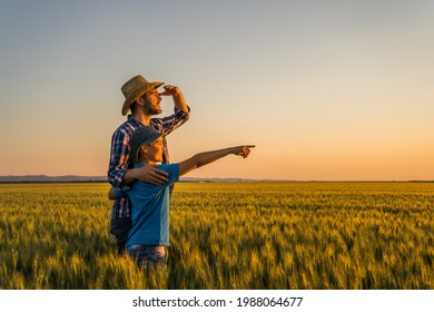 Father and son are standing in their growing wheat field. They are happy because of successful sowing and enjoying sunset. - Powered by Shutterstock