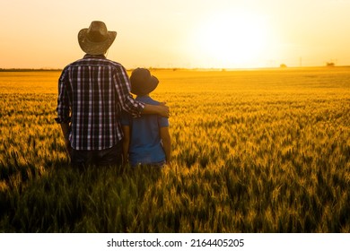 Father and son are standing in their growing wheat field. They are happy because of successful season and enjoying sunset. - Powered by Shutterstock