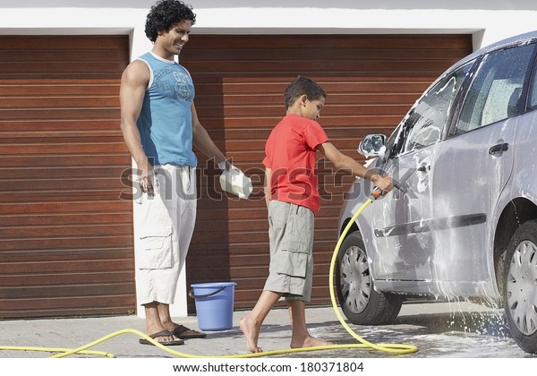 Father Son Washing Car Home Garage Stock Photo Edit Now 180371804