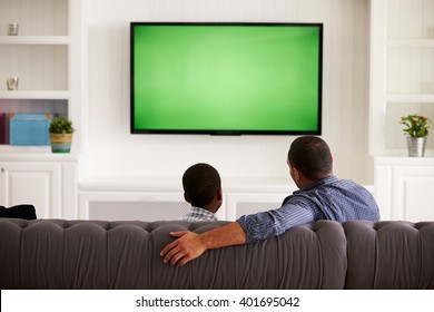 Father and son watching TV at home together, back view
