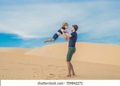Father and son at the white desert. Traveling with children concept.