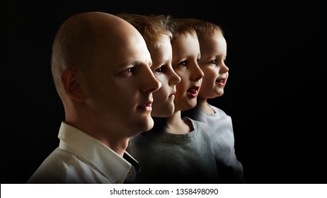 Father and sons, the concept of genetics and heredity. Young man and sons of different ages, portrait in profile on black background