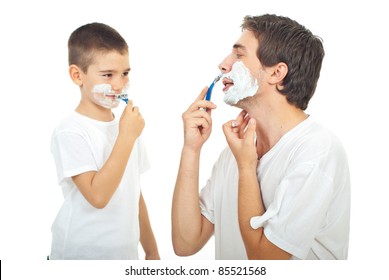 Father Teaching His Son To Shave Isolated On White Background