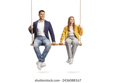 Father and teenage daughter sitting on a big wooden swing isolated on white background