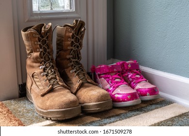 Fathers Army Boots And Daughters Pink Sneakers