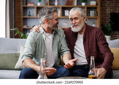 Fathers day. Adult son with senior father drinking beer sitting on couch at home. Two generations family enjoy pleasant conversation, talking, sharing news, spending time together