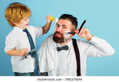 Fathers Day. Assistant For Dad. Son And Dad Shaving Beard. Beard Care. Little Barber. Barbershop Concept.