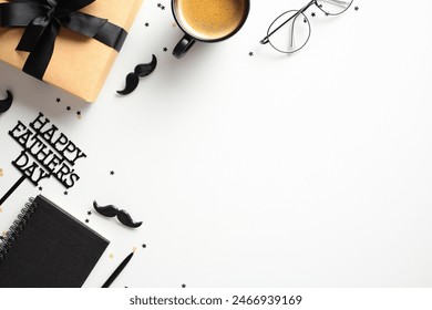 Fathers Day celebration composition with a gift box, a cup of coffee, and eyeglasses on a white background. Decorated with stars, mustaches, and HAPPY FATHER’S DAY text. Ideal for greeting cards. - Powered by Shutterstock