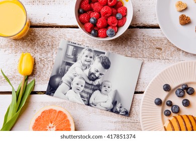 Fathers Day Composition. Black-and-white Picture And Breakfast