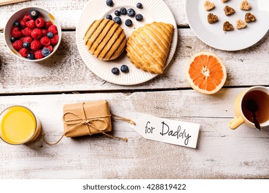 Fathers Day Composition. Breakfast Meal. Gift With For Daddy Tag