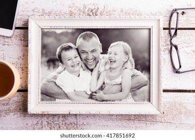 Fathers Day Composition. Picture Of Father With Children In Fram