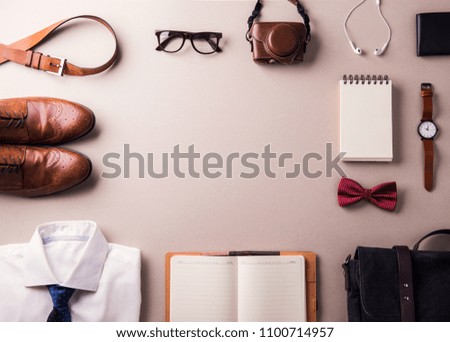 Similar – Image, Stock Photo desktop from above, copy space for text