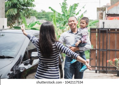 Father's Day. Happy Family Son Running And Hugging Dad After Work