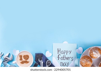 Father's day holiday greeting card. Father's Day morning breakfast with cute surprise background, with gift boxes, cupcakes, coffee mug, heart decor, tools and ties, Happy Father's Day letter - Powered by Shutterstock