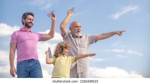 Fathers Day. Kid Having Fun With Toy Plane. Men Generation Family With Three Different Generations Ages Grandfather Father And Son. Weekend Family Play.