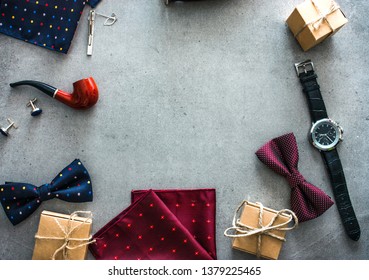 Father's Day. Mens Things On Table.  Fathers Accesories. Flatlay Overhead View